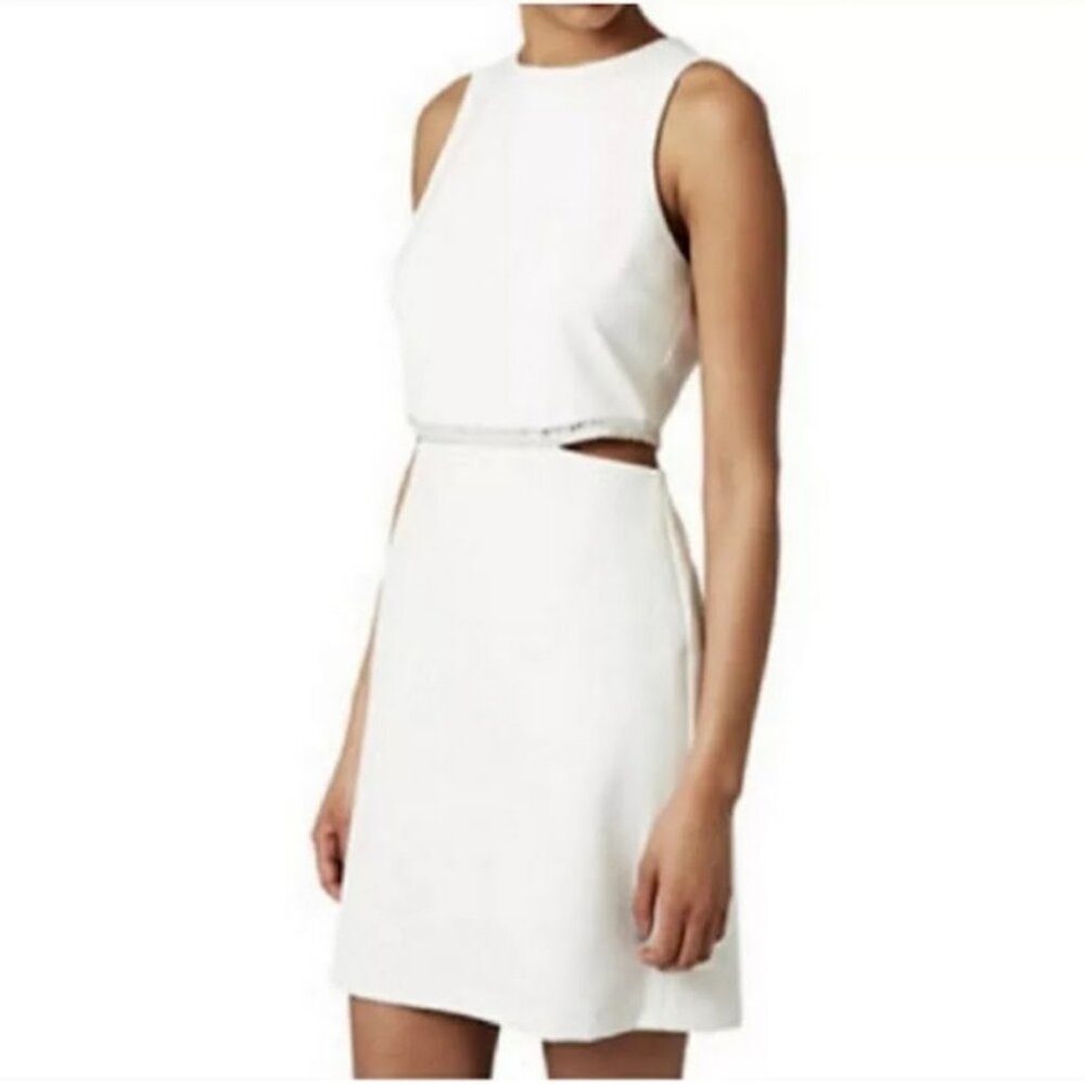 TOPSHOP Cocktail Mini Dress, White Polyester Sleeveless Side Cut Outs Beaded, 10